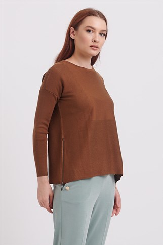 SIFIR YAKA UZUN KOLLU CAMEL KADIN KAZAK 75318-2K3