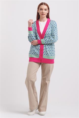 V Yaka Desenli Triko Fuşya Kadın Hırka 75903-2K4