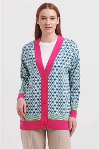 V Yaka Desenli Triko Fuşya Kadın Hırka 75903-2K4