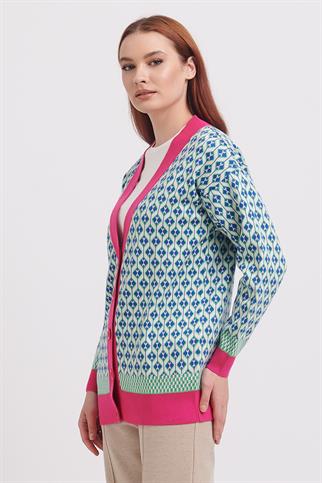 V Yaka Desenli Triko Fuşya Kadın Hırka 75903-2K4