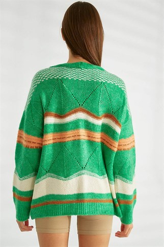 Düğmeli Yeşil Kadın Triko Hırka 93707-2K3