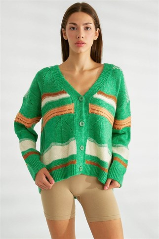 Düğmeli Yeşil Kadın Triko Hırka 93707-2K3