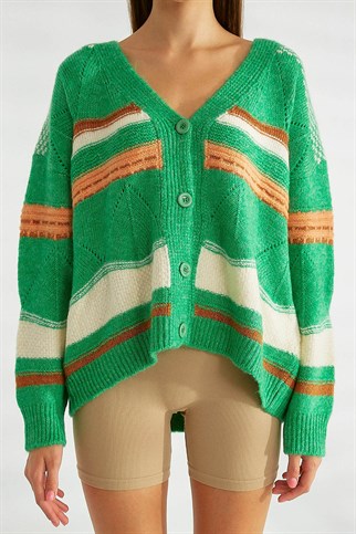 Düğmeli Yeşil Kadın Triko Hırka 93707-2K3