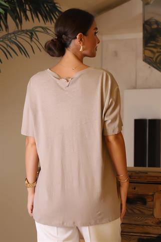 V YAKA KISA KOLLU BEJ KADIN BLUZ  3007-2Y4