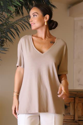 V YAKA KISA KOLLU BEJ KADIN BLUZ  3007-2Y4