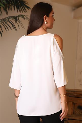 KOLLARI TAŞLI SIFIR YAKA EKRU KADIN BLUZ 81832-2Y4