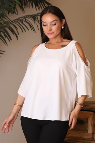 KOLLARI TAŞLI SIFIR YAKA EKRU KADIN BLUZ 81832-2Y4