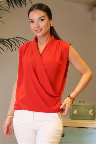 KOLSUZ V YAKA KIRMIZI KADIN BLUZ 81856-2Y4 