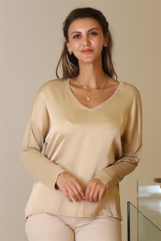  V YAKA UZUN KOLLU CAMEL KADIN BLUZ  797303-2Y5