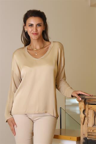  V YAKA UZUN KOLLU CAMEL KADIN BLUZ  797303-2Y5