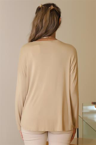  V YAKA UZUN KOLLU CAMEL KADIN BLUZ  797303-2Y5