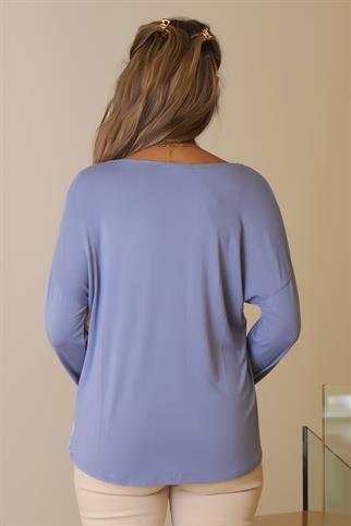 V YAKA UZUN KOLLU MAVİ  KADIN BLUZ 797303-2Y5