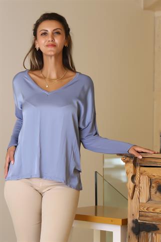 V YAKA UZUN KOLLU MAVİ  KADIN BLUZ 797303-2Y5