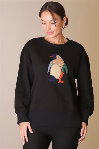 PENGUEN DESENLİ UZUN KOLLU SİYAH KADIN SWEATSHİRT  26315-2K5