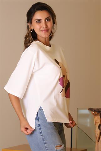 SIFIR YAKA EKRU KISA KOLLU KADIN T-SHİRT  27854-2Y5