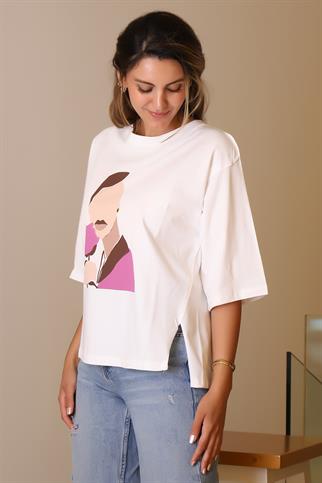 SIFIR YAKA EKRU KISA KOLLU KADIN T-SHİRT  27854-2Y5