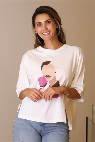 SIFIR YAKA EKRU KISA KOLLU KADIN T-SHİRT  27854-2Y5