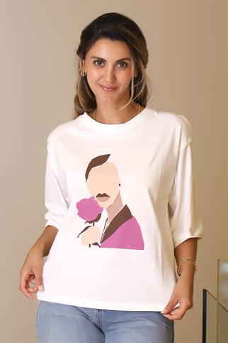 SIFIR YAKA EKRU KISA KOLLU KADIN T-SHİRT  27854-2Y5