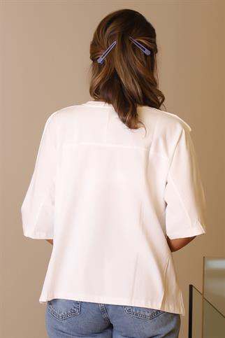 SIFIR YAKA EKRU KISA KOLLU KADIN T-SHİRT  27854-2Y5