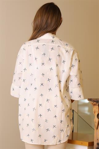 ÇİÇEK DESENLİ YARIM KOL PETROL KADIN GÖMLEK  27876-2Y5