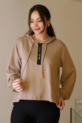 KAPÜŞONLU UZUN KOLLU VİZON KADIN SWEATSHİRT 28152-2K4