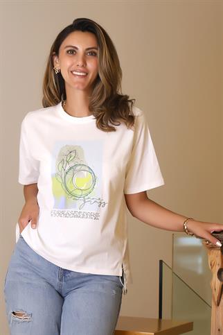 SIFIR YAKA DESENLİ EKRU KADIN T-SHİRT  28477-2Y5