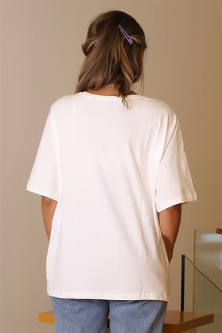 YARIM KOLLU SIFIR YAKA EKRU KADIN T-SHİRT  28479-2Y5 