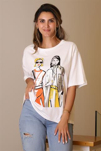 YARIM KOLLU SIFIR YAKA EKRU KADIN T-SHİRT  28479-2Y5 