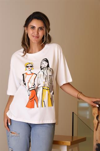 YARIM KOLLU SIFIR YAKA EKRU KADIN T-SHİRT  28479-2Y5 