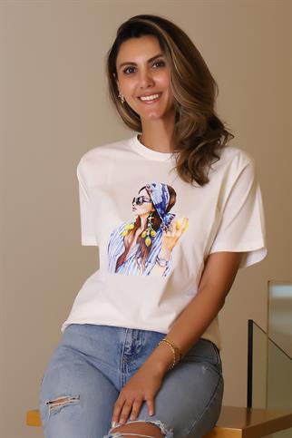 BASKILI KISA KOLLU EKRU KADIN T-SHİRT  28672-2Y5