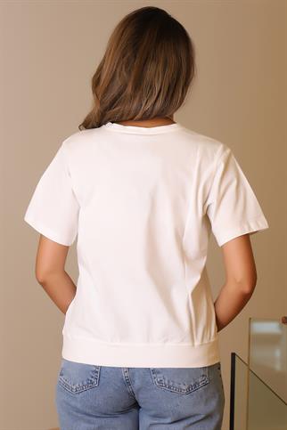 BASKILI KISA KOLLU EKRU KADIN T-SHİRT  28672-2Y5