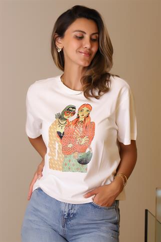  SIFIR YAKA KISA KOLLU EKRU KADIN T-SHİRT  28675-2Y5