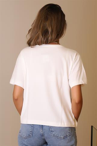  SIFIR YAKA KISA KOLLU EKRU KADIN T-SHİRT  28675-2Y5