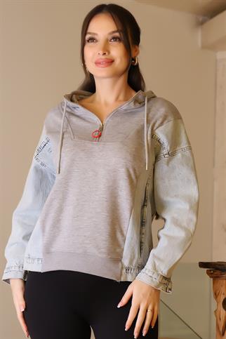 KAPÜŞONLU KOT DETAYLI GRİ KADIN SWEATSHİRT  29050-2K5