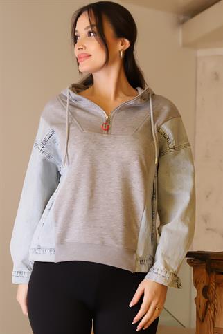KAPÜŞONLU KOT DETAYLI GRİ KADIN SWEATSHİRT  29050-2K5