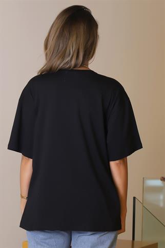 SIFIR YAKA BASIC KADIN SİYAH T-SHİRT 29456-2Y5