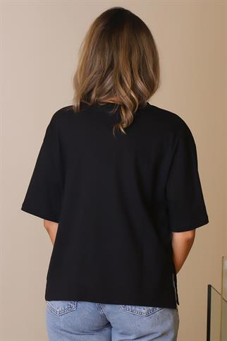 BASKILI KISA KOLLU SİYAH KADIN T-SHİRT  29461-2Y5