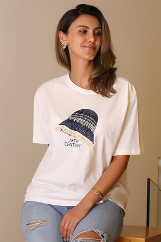 ŞAPKA DETAYLI KISA KOLLU EKRU KADIN T-SHİRT  29523-2Y5