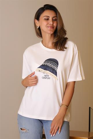 ŞAPKA DETAYLI KISA KOLLU EKRU KADIN T-SHİRT  29523-2Y5