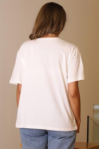 ŞAPKA DETAYLI KISA KOLLU EKRU KADIN T-SHİRT  29523-2Y5