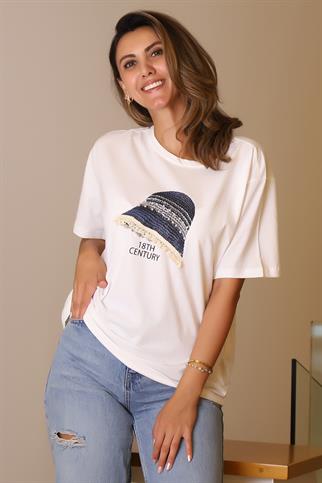 ŞAPKA DETAYLI KISA KOLLU EKRU KADIN T-SHİRT  29523-2Y5