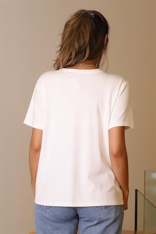 KIZ BASKILI KISA KOLLU EKRU KADIN T-SHİRT  29531-2Y5