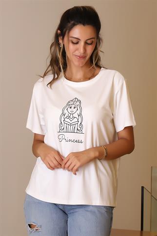 KIZ BASKILI KISA KOLLU EKRU KADIN T-SHİRT  29531-2Y5