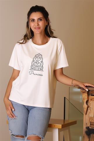 KIZ BASKILI KISA KOLLU EKRU KADIN T-SHİRT  29531-2Y5