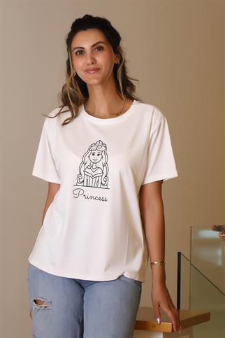 KIZ BASKILI KISA KOLLU EKRU KADIN T-SHİRT  29531-2Y5