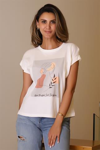 SIFIR YAKA BASKILI EKRU KADIN T-SHİRT  29572-2Y5