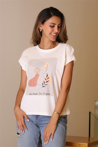 SIFIR YAKA BASKILI EKRU KADIN T-SHİRT  29572-2Y5