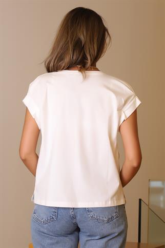 SIFIR YAKA BASKILI EKRU KADIN T-SHİRT  29572-2Y5
