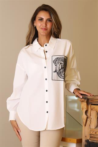 FİL BASKILI UZUN KOLLU  EKRU KADIN GÖMLEK  29591-2Y5
