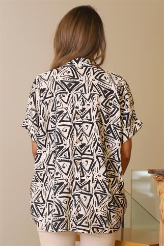 KATLAMALI KOL DESENLİ EKRU İSİYAH  KADIN GÖMLEK 29751-2Y5